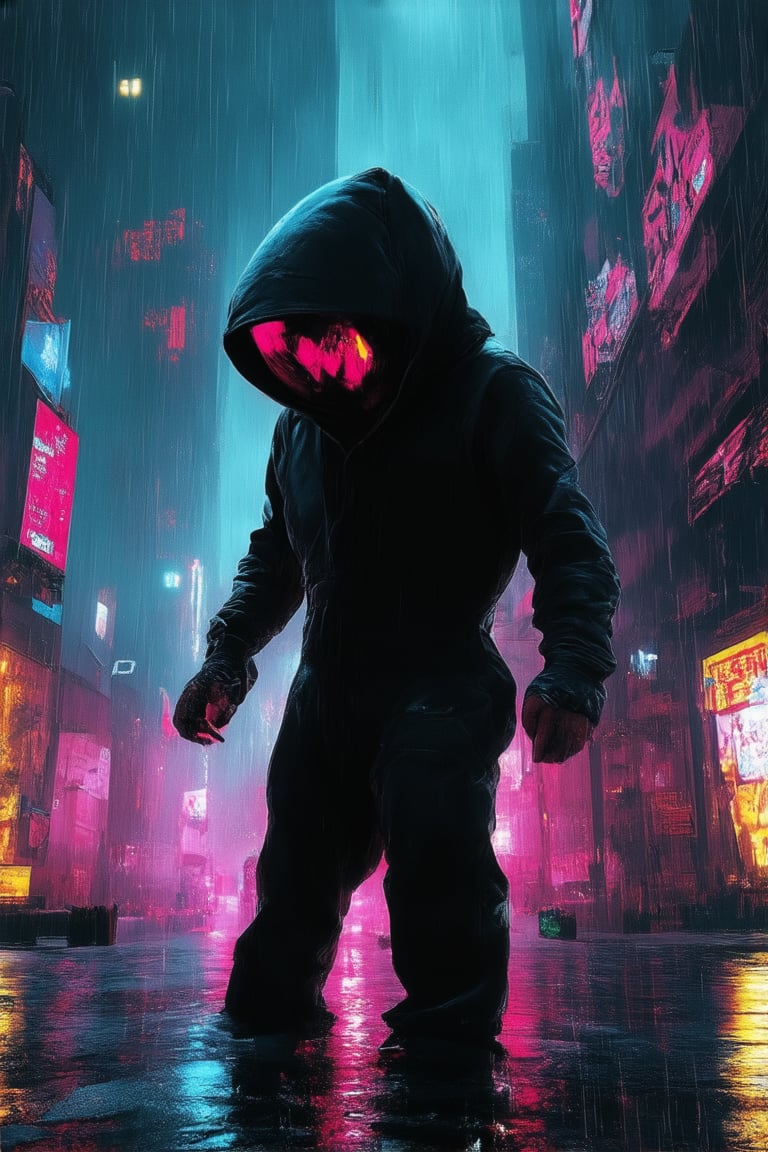 A gritty cyberpunk scene unfolds: A lone figure in a sleek black jumpsuit, hood up, leans against a neon-lit cityscape's towering skyscraper. Flickering holographic advertisements dance across the wet pavement as rain drizzles down. The subject's eyes gleam with intensity beneath a reflective visor. In the background, a hazy smog hangs heavy over the city, casting a dystopian glow.