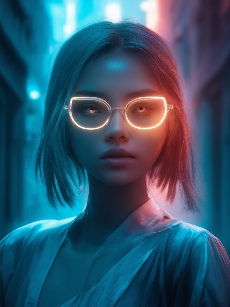 A cyberpunk girl with clear neon glasses stands out against a deep, richly textured urban backdrop. The golden ratio guides the composition, drawing attention to her intricate details. Soft, warm lighting illuminates her face, with rim light accentuating her features. Her eyes sparkle with a subtle shine, surrounded by lush lashes and defined eyebrows. Subsurface scattering adds depth to her skin tones. The background features vibrant complementary colors, subtly blending into the atmosphere. Sharp focus and smooth shading bring this masterpiece to life in stunning 32K UHD.