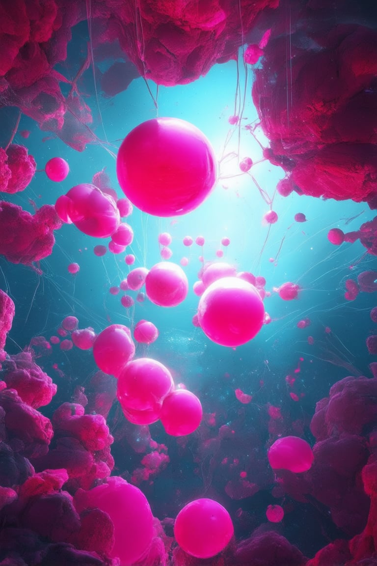 A futuristic 3D pink space scene: A swirling vortex of bright magenta and hot pink hues envelops a cluster of glowing, iridescent orbs suspended amidst a network of crystalline structures. Soft, pulsing light emanates from within the orbs, casting an otherworldly glow on the surrounding environment. The camera captures this mesmerizing landscape in a low-angle shot, emphasizing the dynamic composition and vibrant color palette.