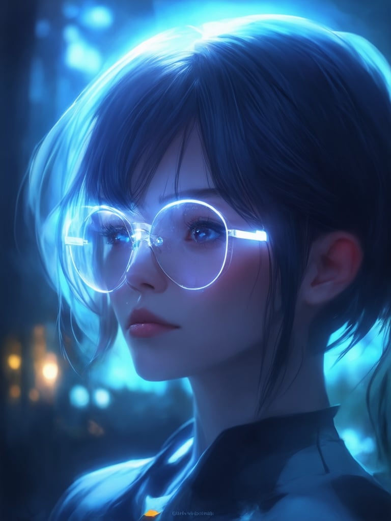 A cyberpunk girl with clear neon glasses gazes into the distance against a decadent, highly detailed backdrop. Softly lit by subtle light leaks and rim lighting, her intricate facial features shine with UHD clarity. Her eyes sparkle like diamonds, surrounded by delicate lines and golden ratio proportions. The scene is set within a fantasy world, blending ever after high-inspired whimsy with octane render's sleek realism. Artgerm, Loish, and Wlop would be proud of this digital painting masterpiece, bursting with vibrant complementary colors and sharp focus.