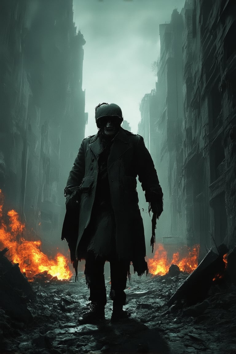 A dramatic scene unfolds on a desolate battlefield. A worn-out soldier, clothed in tattered uniform, stands defiantly amidst the ruins of a once-thriving city. The World War I-style trench coat flaps wildly as he gazes out upon the devastation. Flickering flames illuminate the darkened landscape, casting long shadows across his determined face. In the background, the skeletal remains of buildings loom like sentinels, bearing witness to the chaos and destruction that has ravaged this once-peaceful world.