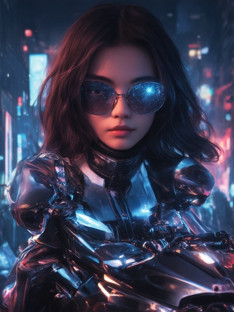 A cyberpunk girl, surrounded by a mesmerizing neon-lit cityscape, donning clear glasses that shimmer like stardust. Framed within the golden ratio, her striking features are bathed in warm, gentle light. Her intricate outfit glistens with subtle texture and detail. In the foreground, a futuristic motorcycle sits atop a pedestal of gleaming chrome, while the deep background reveals a cityscape aglow with vibrant hues. The subject's eyes sparkle like diamonds, detailed to perfection within the 32k UHD masterpiece.