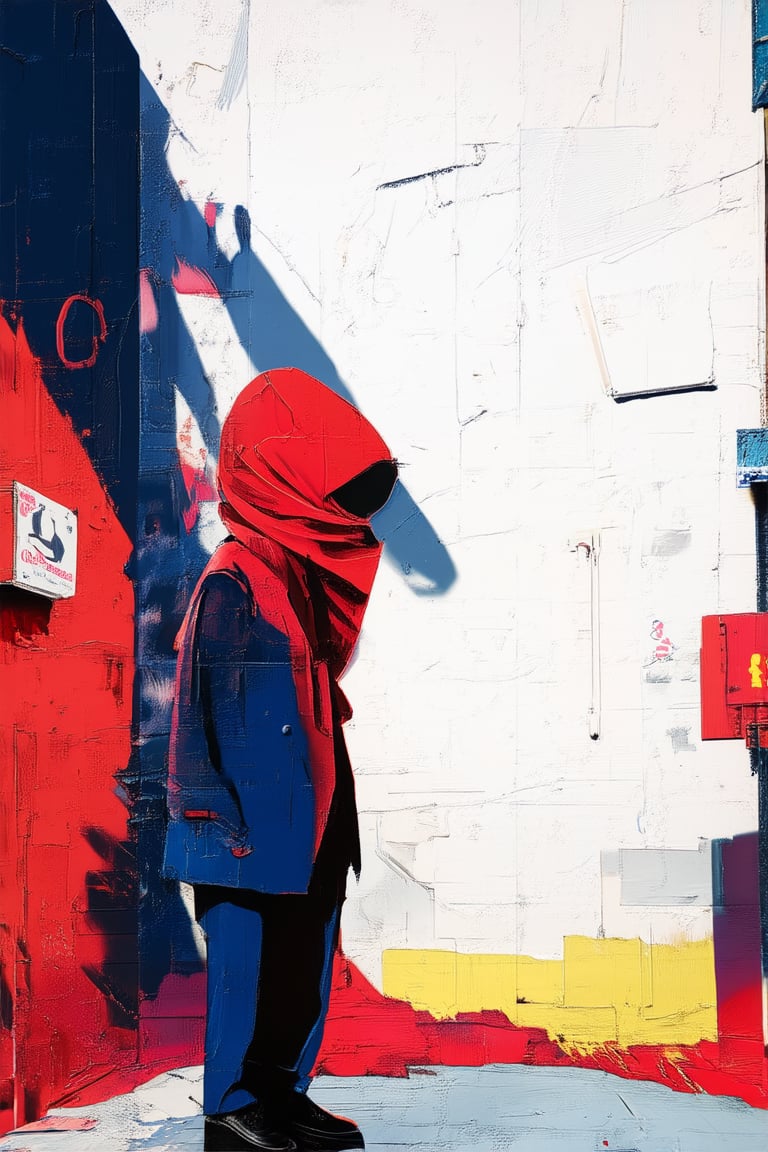 A surrealistic image of a masked figure, shrouded in mystery, emerges from a city street's urban chaos. Banksy's iconic stencil work weaves together bold brushstrokes and dark hues, as the enigmatic character stands tall, backlit by the neon glow of billboards and city lights. Shadows dance across their visage, concealing identity behind a mask of intrigue.