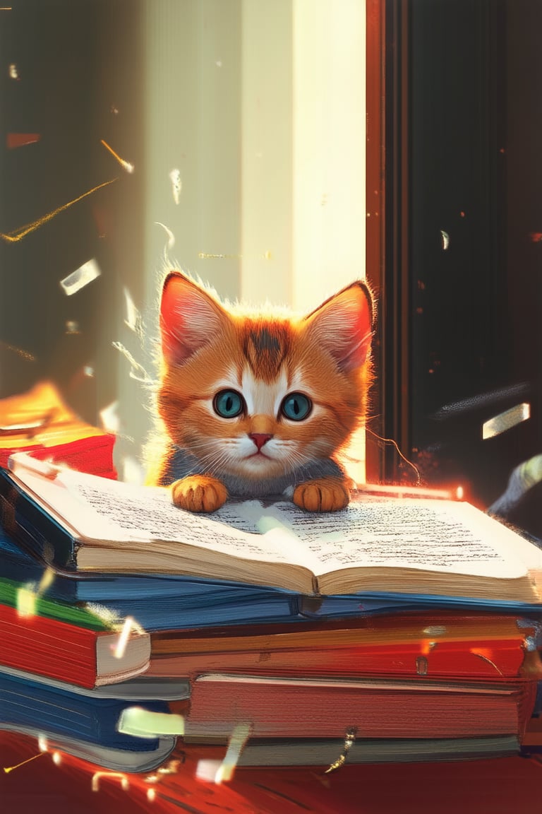 A whimsical illustration of a curious kitten peeking out from behind a stack of colorful books, surrounded by scattered pages and wispy threads. Soft focus lighting casts a warm glow on the scene, with the kitten's inquisitive expression lit up by a beam of sunlight streaming through the nearby window.