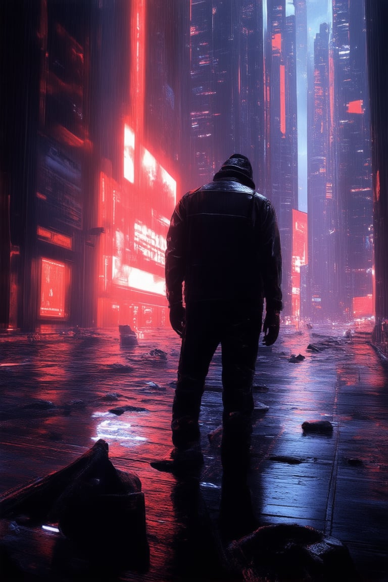 A futuristic cityscape at dusk: towering skyscrapers with neon-lit advertisements and holographic displays. In the foreground, a lone figure in a worn leather jacket and ripped jeans stands amidst a sea of discarded technology, hands grasping a cyberdeck, eyes scanning the horizon for signs of rebellion. Low-angle shot, warm orange lighting casts long shadows on the wet pavement.