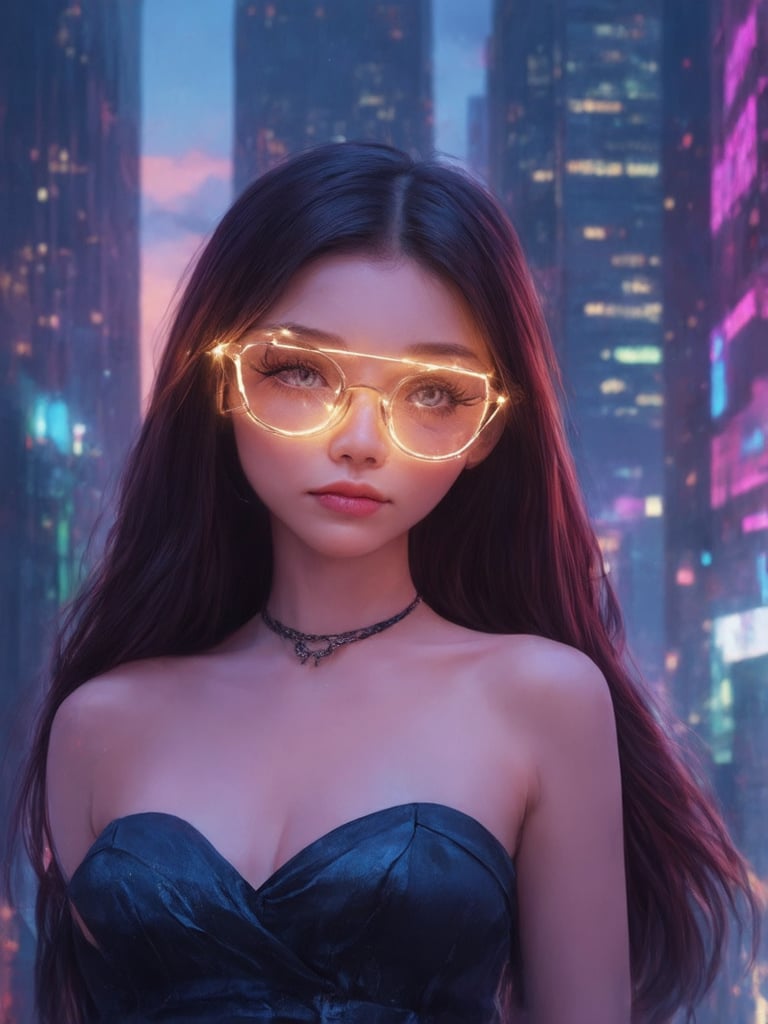 A cyberpunk beauty stands amidst a futuristic cityscape at sunset. She wears clear neon glasses that glow with an otherworldly intensity, her eyes framed by intricate lashes and defined brows. Golden ratio details adorn her slender neck and shoulders. Against the vibrant backdrop of towering skyscrapers, she poses with confident poise, her long hair flowing like silk in the gentle breeze.

The lighting is a masterclass in subsurface scattering, rim light, and light leaks, casting a warm, golden glow on her porcelain skin. Her eyes, rendered in highest quality UHD detail, sparkle with an inner light, drawing the viewer's gaze deeper into the scene. The background, painted with loish-like smoothness, features deep shadows and vibrant complementary colors that pop against the city's neon-lit façade.

The overall effect is a heartwarming, uplifting, charming digital painting that exudes a sense of wonder and enchantment, as if plucked straight from the pages of Ever After High.