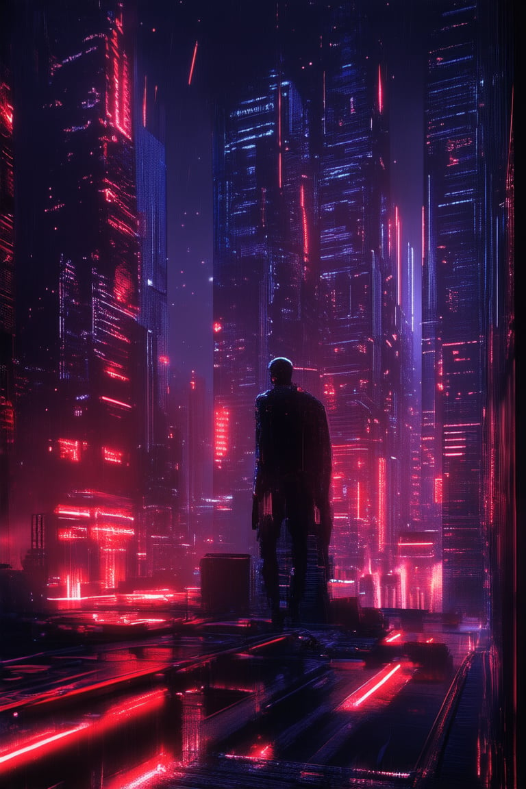 A neon-drenched metropolis at dusk: towering skyscrapers pierce the darkening sky, their LED facades glowing like a thousand tiny stars. A lone figure emerges from the shadows, a cybernetic arm grafted to their shoulder, as they navigate the rain-soaked streets amidst a haze of pollution and rebellion.