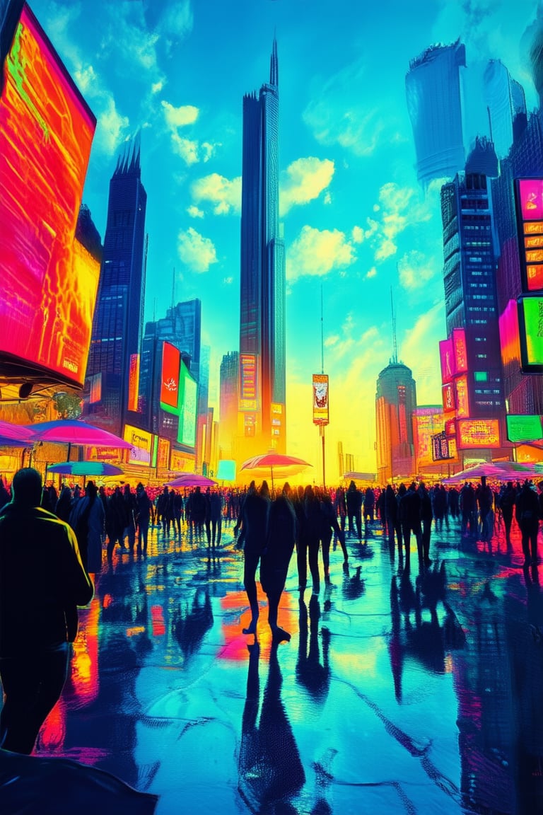 A vibrant and colorful cityscape at sunset, with a kaleidoscope of hues illuminating the towering skyscrapers, neon lights reflecting off wet pavement, and a sea of umbrellas scattered across the busy streets as people of all ages enjoy the festive atmosphere, amidst a backdrop of bright blue sky and fluffy white clouds.