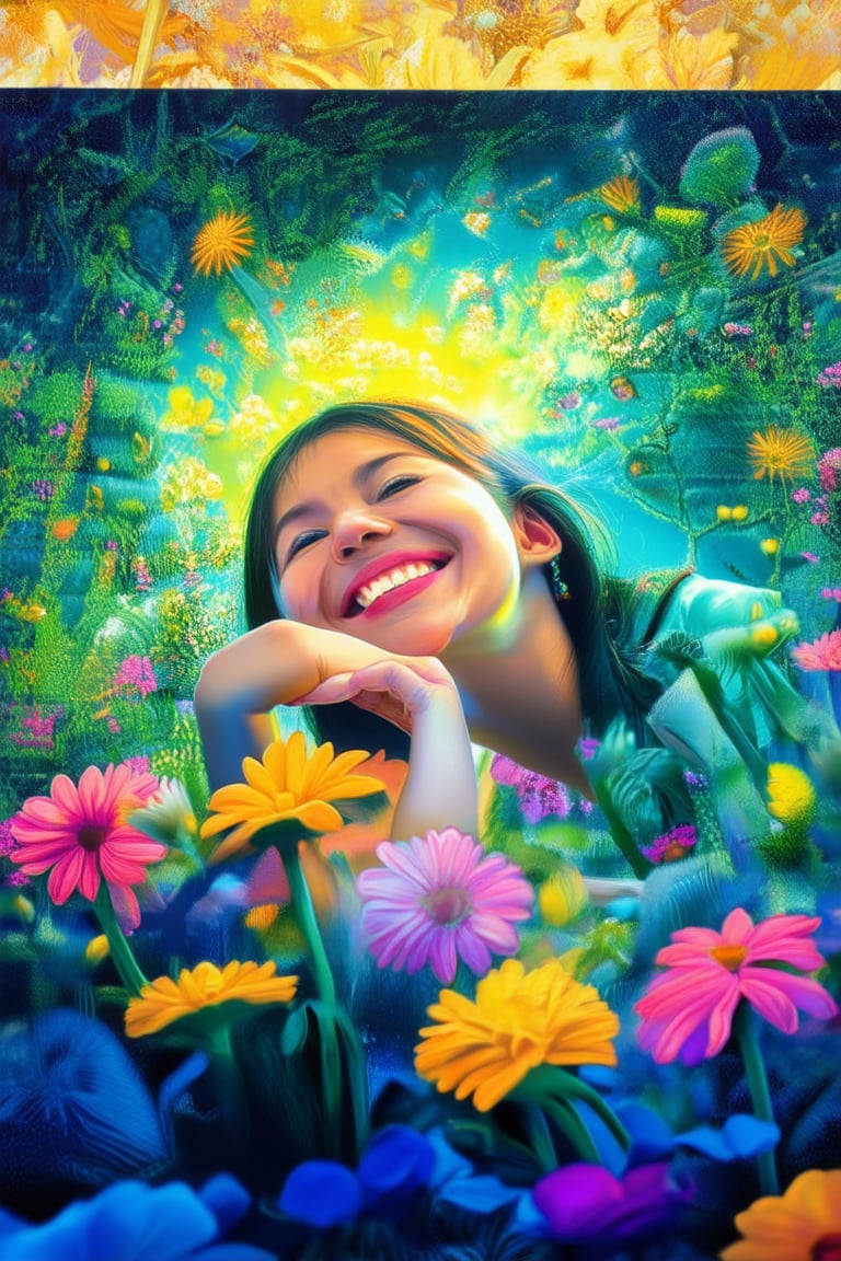 Captivating portrait of a joyful young girl surrounded by a kaleidoscope of vibrant colorful flowers, her bright smile and sparkling eyes radiating warmth as she leans forward, hands clasped together in a bouquet-like pose amidst the lush greenery, with the warm sunlight casting a golden glow on her face and the petals softly glowing like tiny jewels against the lush background.