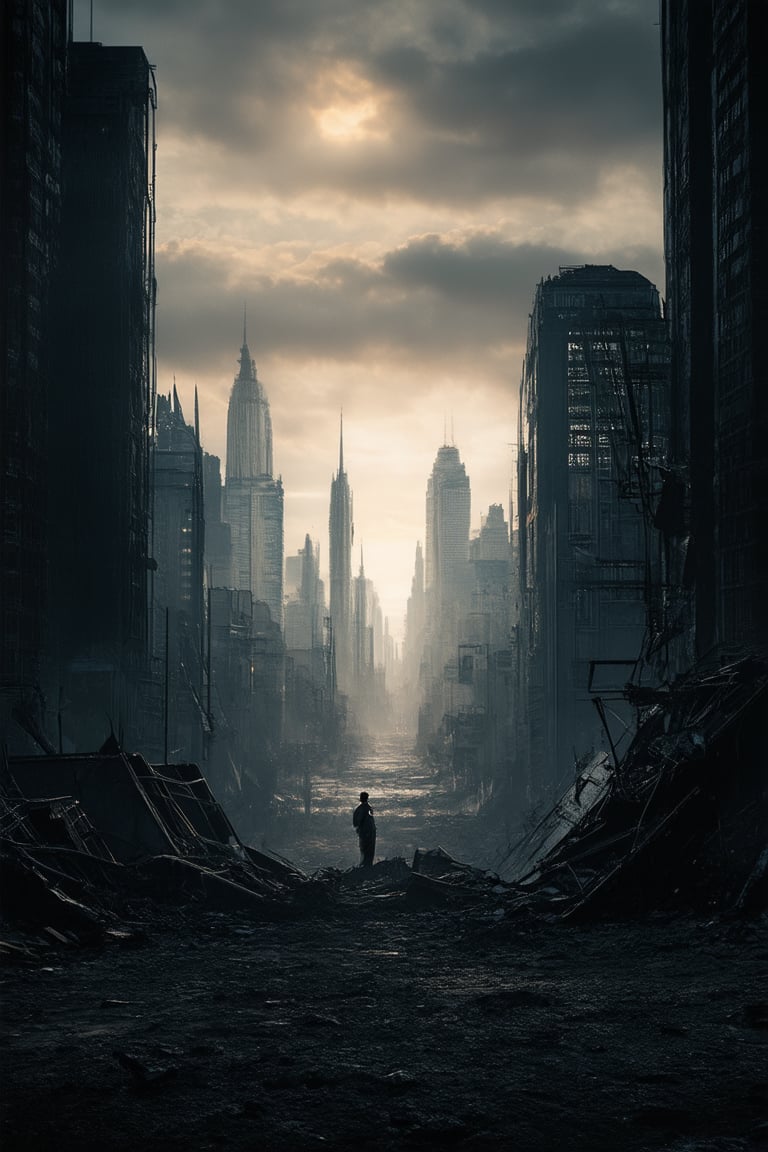 A hauntingly dimly lit image of a dystopian cityscape at dusk, with towering skyscrapers shrouded in perpetual twilight. The Darkside World's desolate landscape stretches as far as the eye can see, replete with crumbling infrastructure and twisted metal wreckage. A lone figure stands at the edge, silhouetted against the dark horizon.