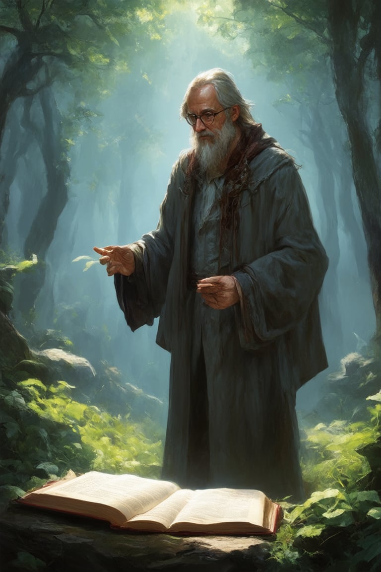 A mystical realm unfolds: In a warm, golden light, a bespectacled wizard stands amidst a lush, verdant forest, surrounded by wispy tendrils of mist. He gazes intently at an ancient tome bound in supple leather, its pages fluttering open to reveal arcane symbols. The air is thick with the scent of old parchment and forgotten knowledge.