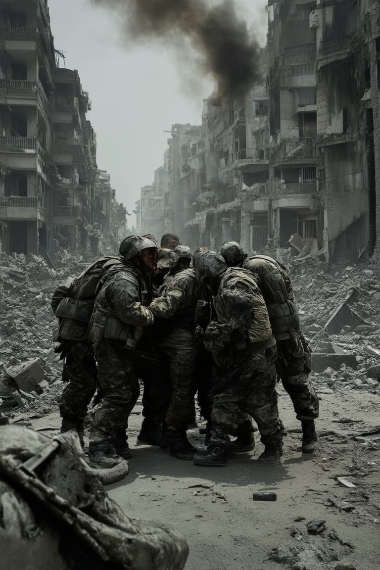 Intense battle scene: A devastated cityscape with crumbling buildings and debris-filled streets serves as the backdrop for a chaotic war zone. A group of weary soldiers, clad in worn camouflage gear, huddle together amidst the ruins, their faces etched with exhaustion and determination. The air is thick with smoke and the distant rumble of artillery fire.