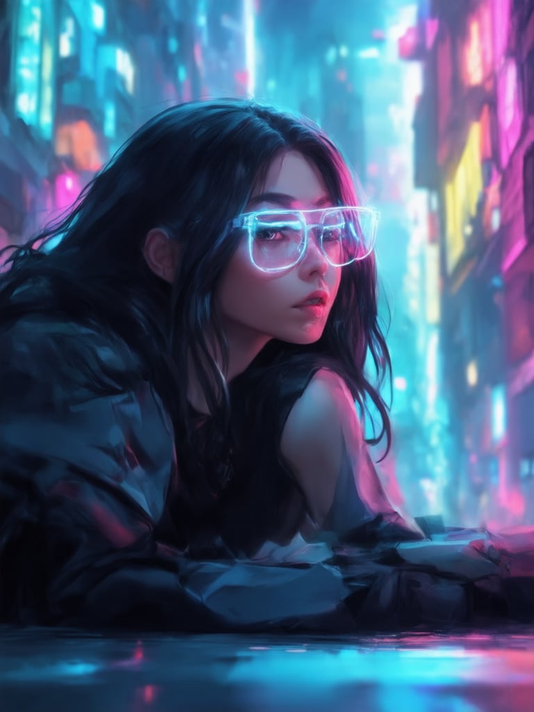 A cyberpunk girl with clear neon glasses sits amidst a neon-lit cityscape, surrounded by intricate details adhering to the golden ratio. Her eyes sparkle with smooth, sharp focus as she gazes into the distance. Soft light leaks and subsurface scattering enhance her features, while rim light accentuates her profile. The vibrant complementary colors of the background harmonize with her decadent attire. In UHD resolution, this masterpiece is a testament to the highest quality digital painting.