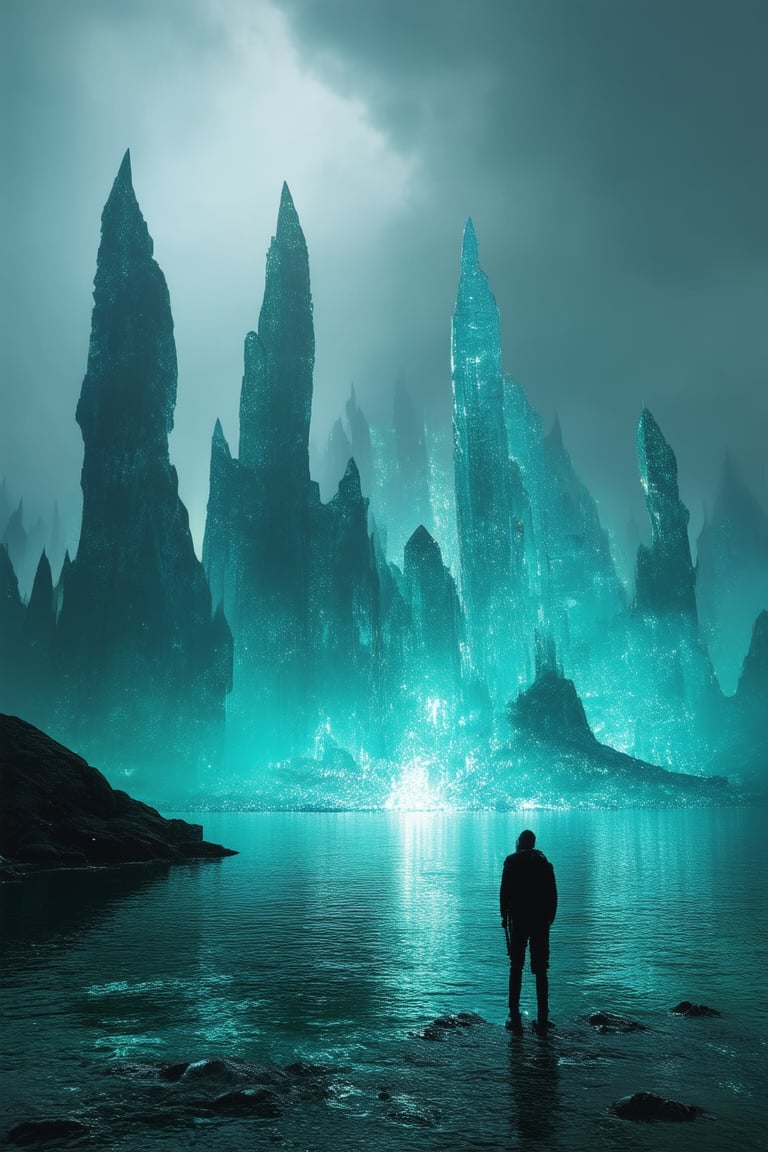 Overcast skies on a distant cyan planet, misty veils dance around towering crystal formations, soft turquoise hues reflecting off iridescent waters. A lone explorer stands at the edge of a shimmering lake, surrounded by ethereal whispers and an otherworldly glow, as the atmosphere hums with an eerie blue light.