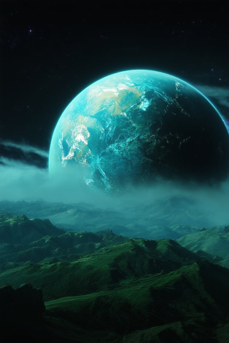 A serene, cyan-hued planet floats against a blackened sky, with wispy clouds of iridescent blue and purple mist drifting across its surface. The planet's terrain is a tapestry of emerald hills and valleys, punctuated by towering crystal spires that refract the faint, lunar light.