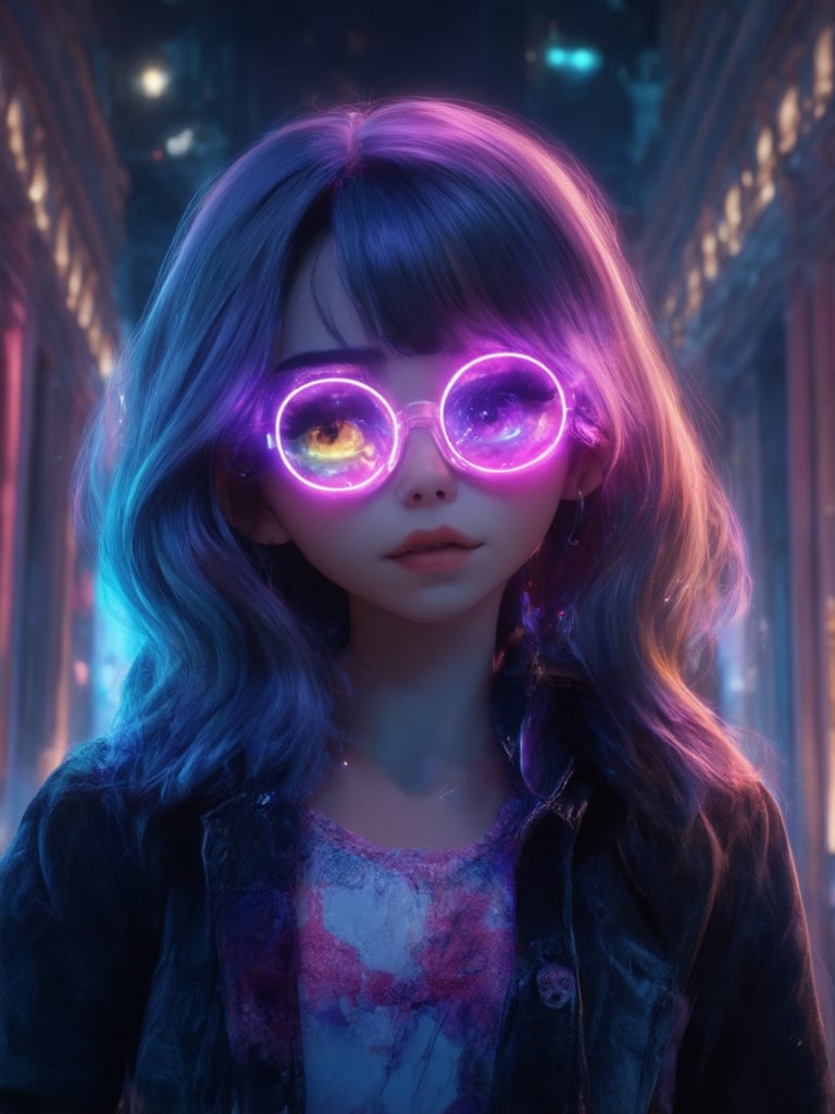 A cyberpunk girl gazes into the distance, her clear neon glasses reflecting a kaleidoscope of hues. Amidst a cityscape of intricate, decadent architecture, she stands out in golden ratio harmony, with smooth, sharp focus on her captivating face and eyes. (32k UHD) Ever After High's whimsy meets Octane Render's photorealism in this heartwarming, uplifting masterpiece, artfully crafted by Loish or Artgerm. Light leaks and subsurface scattering illuminate the scene, while rim light accentuates her features, set against a deep, vibrant background.