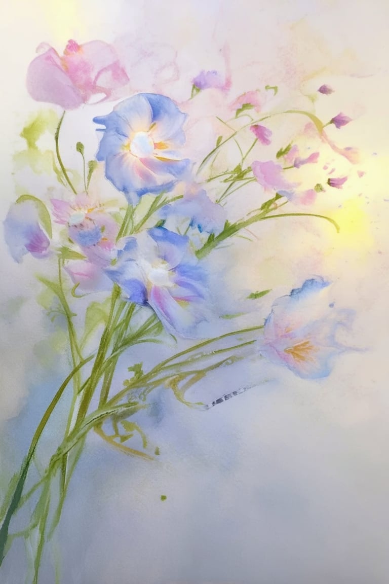 Softly glowing sunlight filters through delicate petals, illuminating a whimsical watercolor painting of a vintage-inspired floral arrangement. Delicate brushstrokes dance across the paper, blending soft blues and pinks into ethereal hues. The flowers' gentle curves and tendrils seem to sway in the breeze, as if captured mid-twirl.