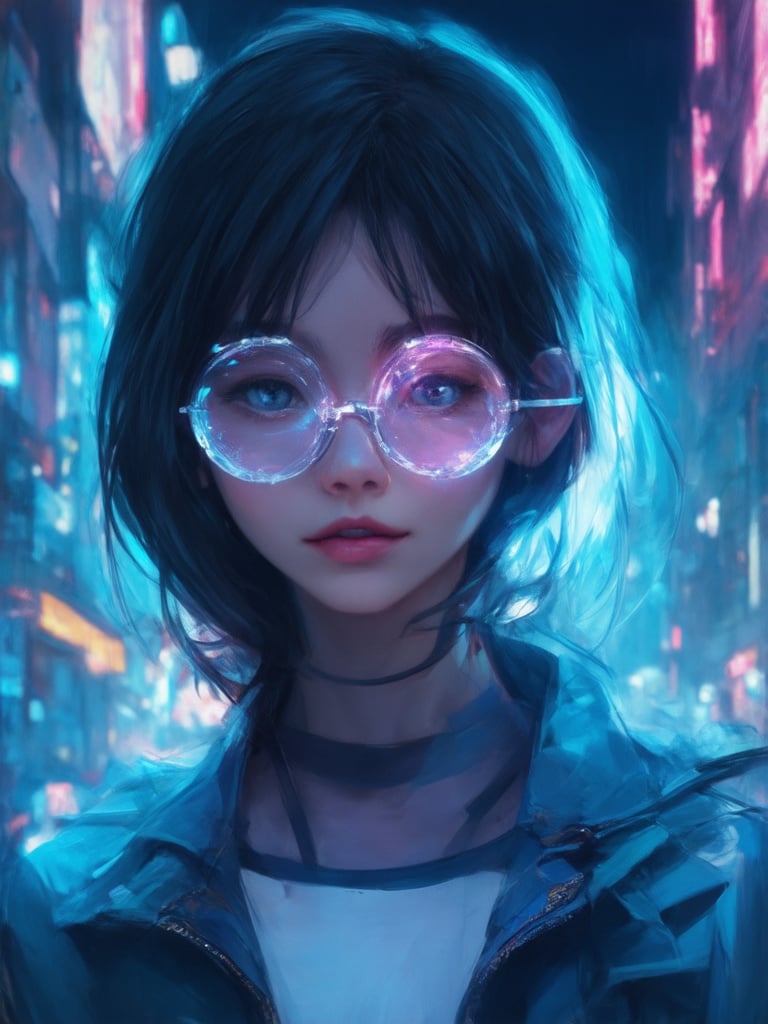 A mesmerizing cyberpunk girl stands out against a vibrant, neon-lit cityscape. Clear glasses glinting with an otherworldly glow, her eyes sparkle like diamonds in the golden ratio-arranged composition. Delicate lines and intricate details dance across her face, set aglow by subtle light leaks and subsurface scattering. Rim lighting accentuates her features, while a deep, detailed background hums with energy. The overall effect is a stunning masterpiece of digital painting, rivaling the highest quality works from Artgerm, Loish, or WLOP.