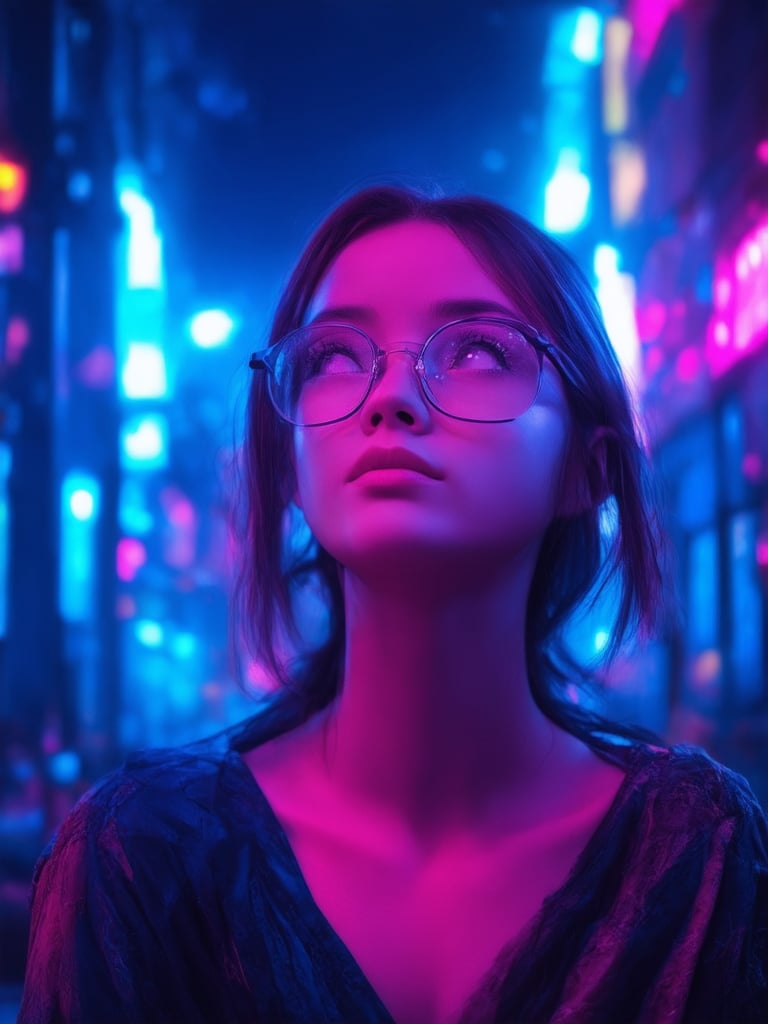 In a neon-drenched cyberpunk cityscape, a captivating girl with clear glasses gazing upward, surrounded by intricate details and golden ratio harmonies. Soft light leaks and subsurface scattering create a sense of warmth as rim lights accentuate her features. The background fades into a deep blue, punctuated by vibrant complementary colors. Sharp focus ensures every delicate detail is rendered in stunning 32K UHD.