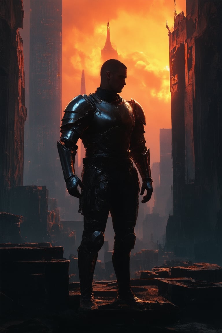 A gritty, neon-lit cityscape at dusk. A lone figure, dressed in worn leather and metallic armor, stands atop a crumbling skyscraper, backlit by a fiery orange sunset. The city's towering corporate spires pierce the smog-filled air as our hero gazes out upon the ruins of a once-great metropolis, cybernetic enhancements glowing softly beneath their gaze.