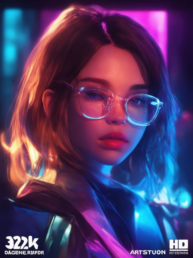 A cyberpunk girl with clear neon glasses shines bright against a vibrant backdrop, her golden-ratio composed features radiating warmth. Amidst intricate, decadent digital painting details, she stands out in 32K UHD resolution. Inspired by Artgerm and Loish's styles, this Octane Render masterpiece on ArtStation exudes charm and heartwarming elegance. Subsurface scattering and rim light accentuate her face, while light leaks and subsurface scattering create a sense of depth. Eyes gleam with sharp focus, as the entire scene bursts with vibrant, complementary colors.