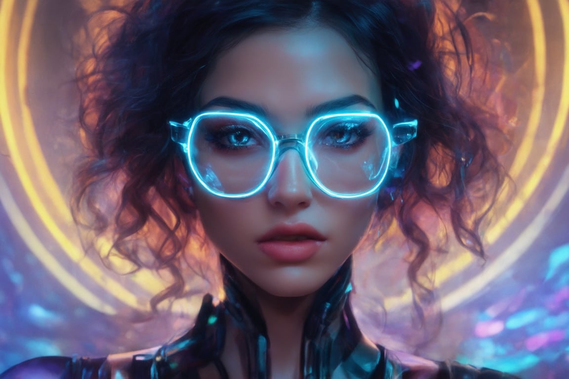 A cyberpunk beauty donning clear neon glasses, her gaze piercing through the digital haze. Set against a richly detailed, golden ratio-inspired backdrop, she stands with confident poise, bathed in the warm glow of rim light. Vibrant complementary colors dance across her intricately rendered features, from the subtle sheen on her cybernetic enhancements to the mesmerizing depths of her eyes. The camera's sharp focus captures every nuance, from the delicate curves of her cheekbones to the luscious curls framing her face. A masterpiece of digital painting, infused with the essence of fantasy and octane render magic.