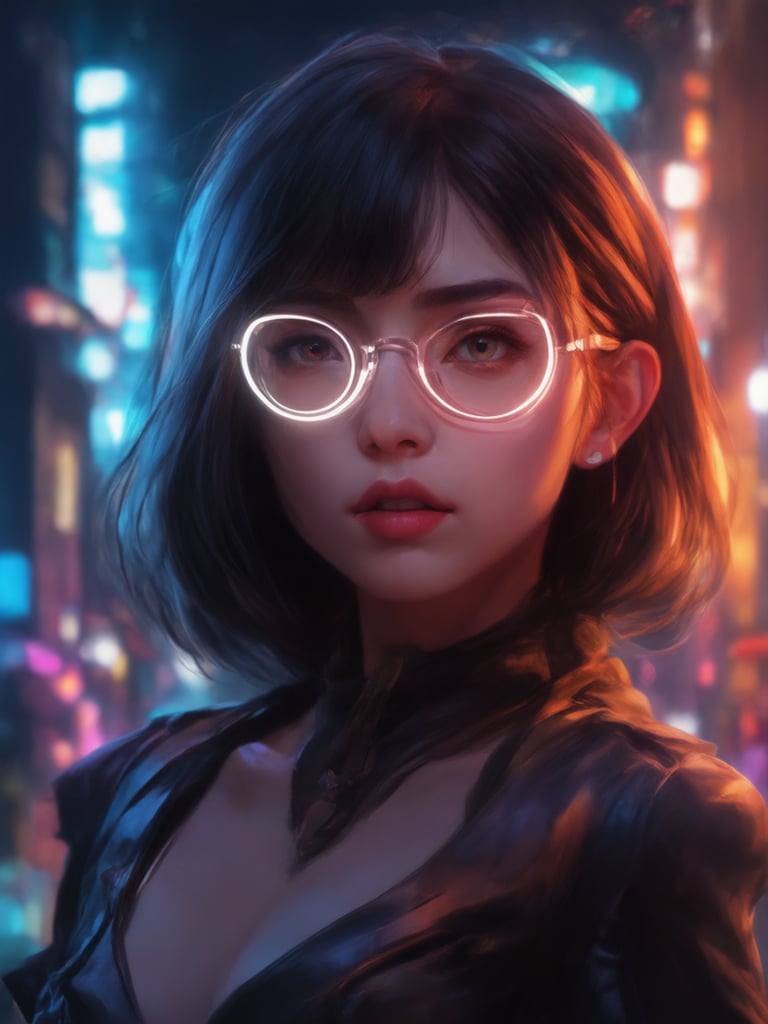 A cyberpunk girl with clear neon glasses, framed by a warm glow from the golden ratio-inspired cityscape. Her intricate outfit shimmers in smooth, high-detailed digital painting. Set against a decadent backdrop of vibrant complementary colors, she poses confidently amidst deep shadows and subtle light leaks. Rim lighting accentuates her striking features, while subsurface scattering adds depth to her captivating eyes. Heartwarming, uplifting, and charming, this masterpiece is rendered in 32k UHD with sharp focus, a true work of art by Artgerm, Loish, or Wlop on Artstation.