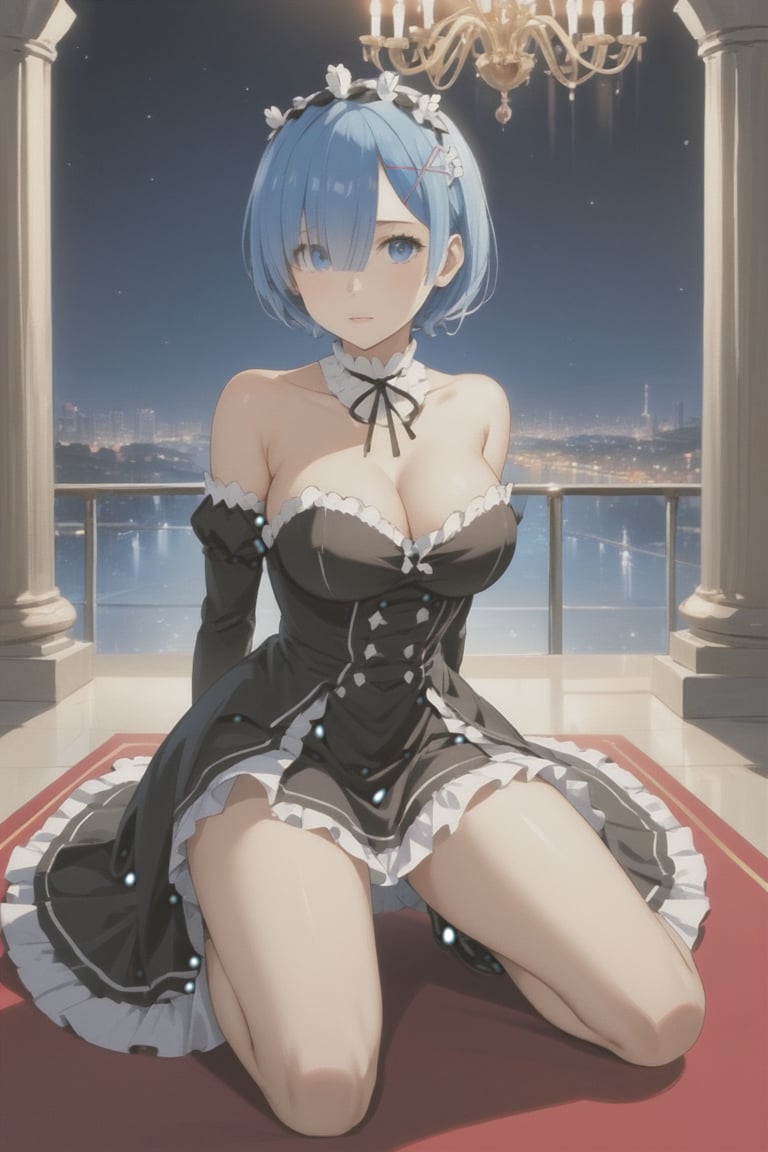 high detail, high quality, masterpiece, 4k, beauty, beautiful woman, //character, rem from RE:zero, blue hair, long hair, loose hair, beautiful eyes, blue eyes, detailed face, beautiful face, blushing, choker black, bright red dress, low-cut dress, dress with leg opening, big chest, thin waist, //situation, night, red carpet, limo, //pose, walked, diamic view, perfect body, perfect hands, score_9, score_8_up, score_7_up, score_6_up