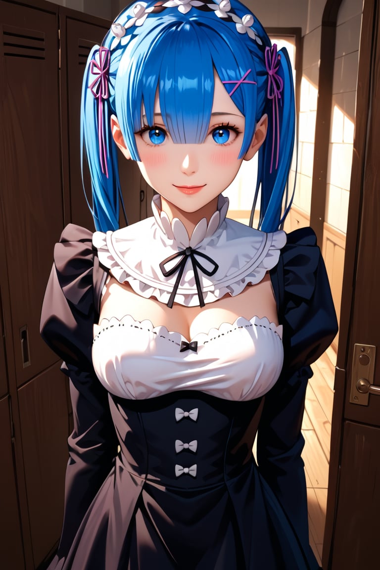 high detail, high quality, masterpiece, beautiful woman, 1 girl, Re:zero rem, medium high shot, (blue hair, two pigtails, beautiful face, detailed face, detailed eyes, blushing, flirty smile, Bible Black uniform, white stockings, thin waist, big chest) background detail, school yard, lockers, bright light, score_9, score_8_up, score_7_up, score_6_up