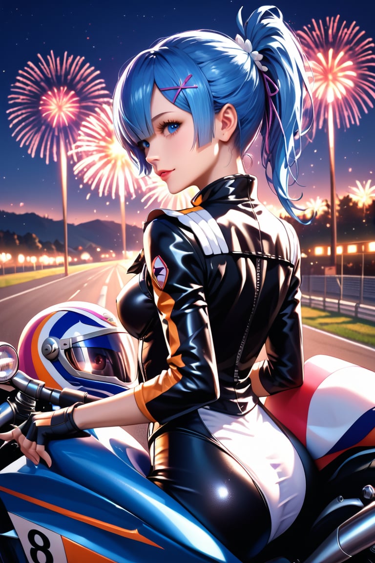 high detail, high quality, masterpiece, beauty, 1 girl, alone, back view, RE:zero rem (blue hair, tied hair, beautiful eyes, detailed eyes, beautiful face, detailed face, tight-fitting colorful biker suit, helmet in hand, fingerless leather gloves, motorcyclist boots, leaning on a sports motorcycle, you can see the underwear) background detail, (sports motorcycle) race track, night, fireworks, Score_9, Score_8_up, Score_7_up, Score_6_up,