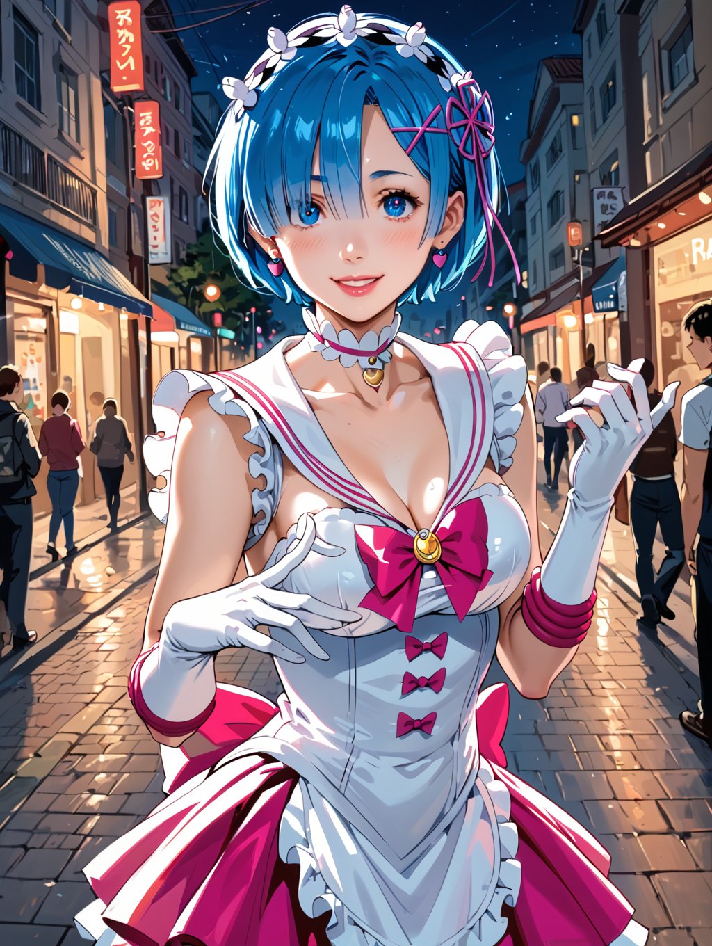 high detail, high quality, 4k quality, beauty, beautiful woman, //character, rem from re:zero, blue hair, sailor moon cosplay, flirty smile, thin waist, big chest // situation, night, street, ñuna, // pose, sexy pose, dynamic view, /Lora, perfect anatomy, perfect hands, score_9, score_8_up, score_7_up, score_6_up