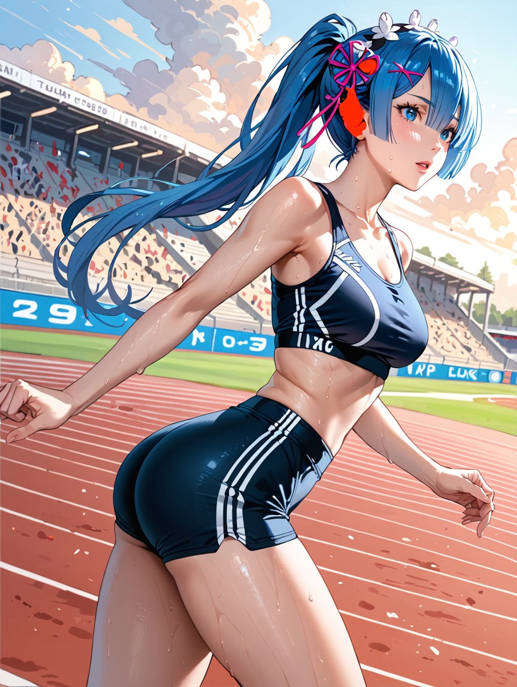 high detail, high quality, 4k quality, beauty, beautiful woman, //character, rem from re:zero, blue hair, long hair, ponytail, sports top, sports shorts, slim waist, // situation, race track , sunset, // pose, back, running, sweat, dynamic view, /Lora, perfect anatomy, perfect hands, score_9, score_8_up, score_7_up, score_6_up