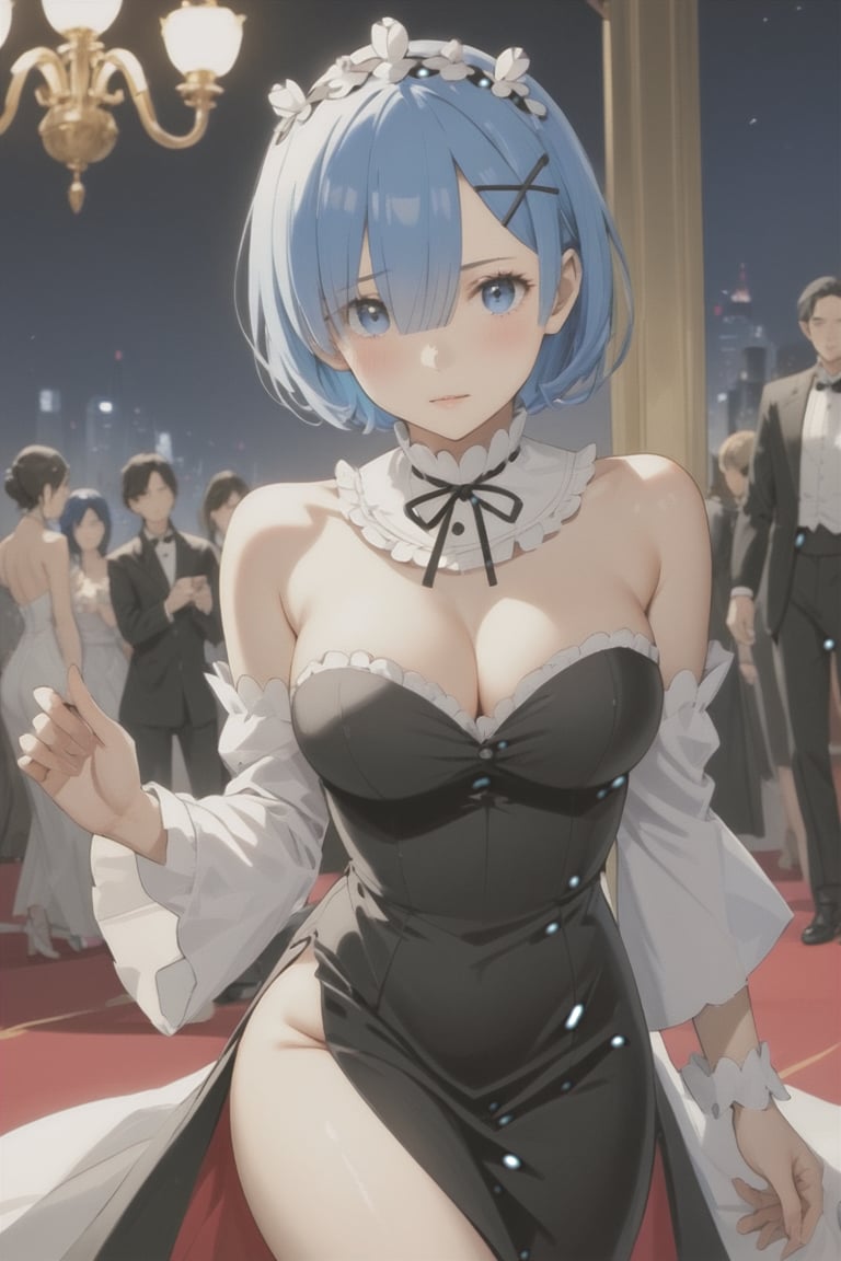 high detail, high quality, masterpiece, 4k, beauty, beautiful woman, //character, rem from RE:zero, blue hair, long hair, loose hair, beautiful eyes, blue eyes, detailed face, beautiful face, blushing, choker black, bright red dress, low-cut dress, dress with leg opening, big chest, thin waist, //situation, night, red carpet, limo, //pose, walked, diamic view, perfect body, perfect hands, score_9, score_8_up, score_7_up, score_6_up