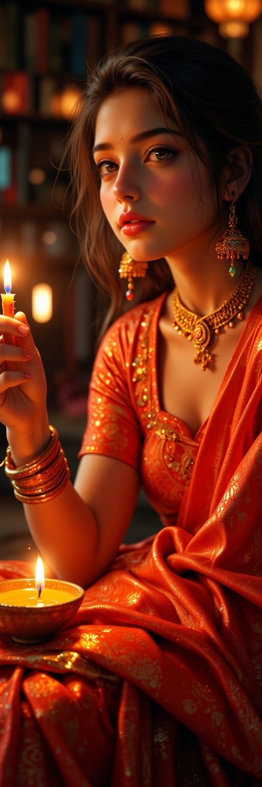 a close-up of an indian female wearing a saree in an diwali celebration, holding a diwali candle, sitting indian style, scenery, a photorealistic, 8K, ultra-detailed, best quality, super fine illustration, detailed light, realistic lighting