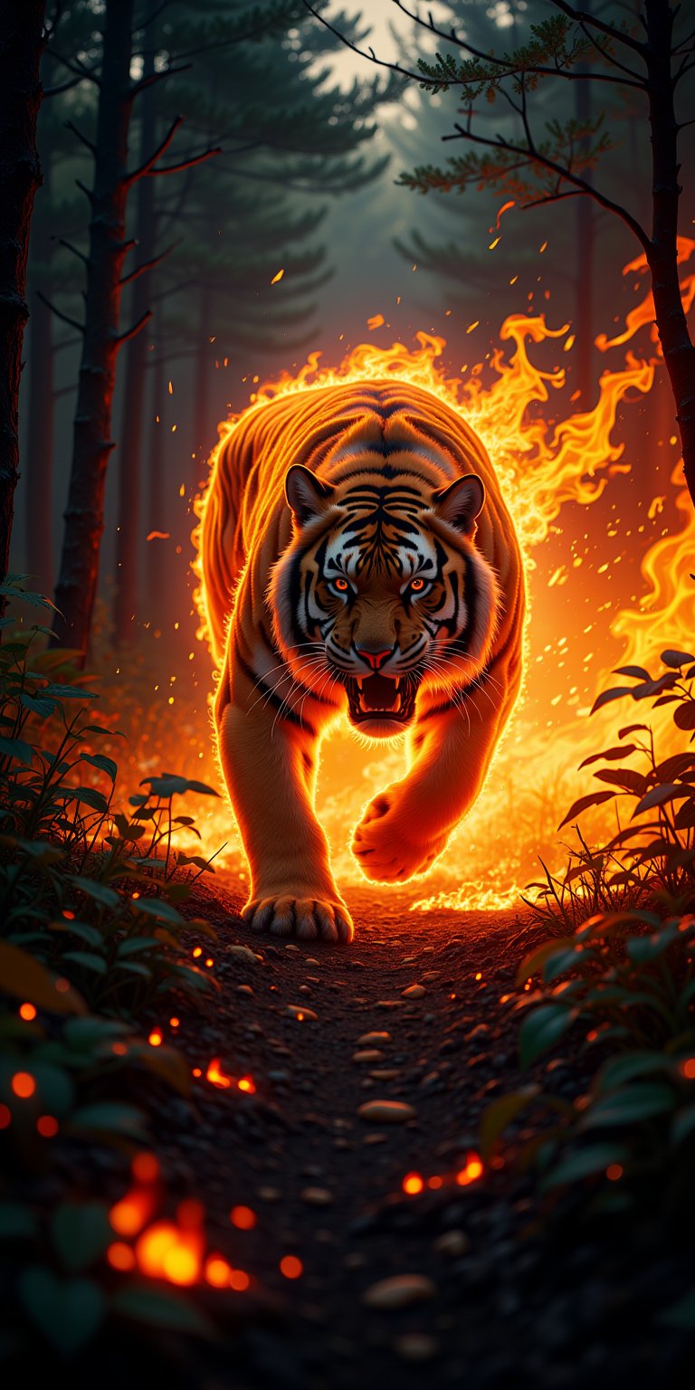 a photorealistic 8K shot of a fire tiger breathing fire in a forest with burnt trees,  scenery,  realistic lighting by Tin...