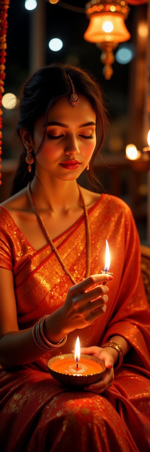 a close-up of an indian female wearing a saree in an diwali celebration, holding a diwali candle, sitting indian style, scenery, a photorealistic, 8K, ultra-detailed, best quality, super fine illustration, detailed light, realistic lighting