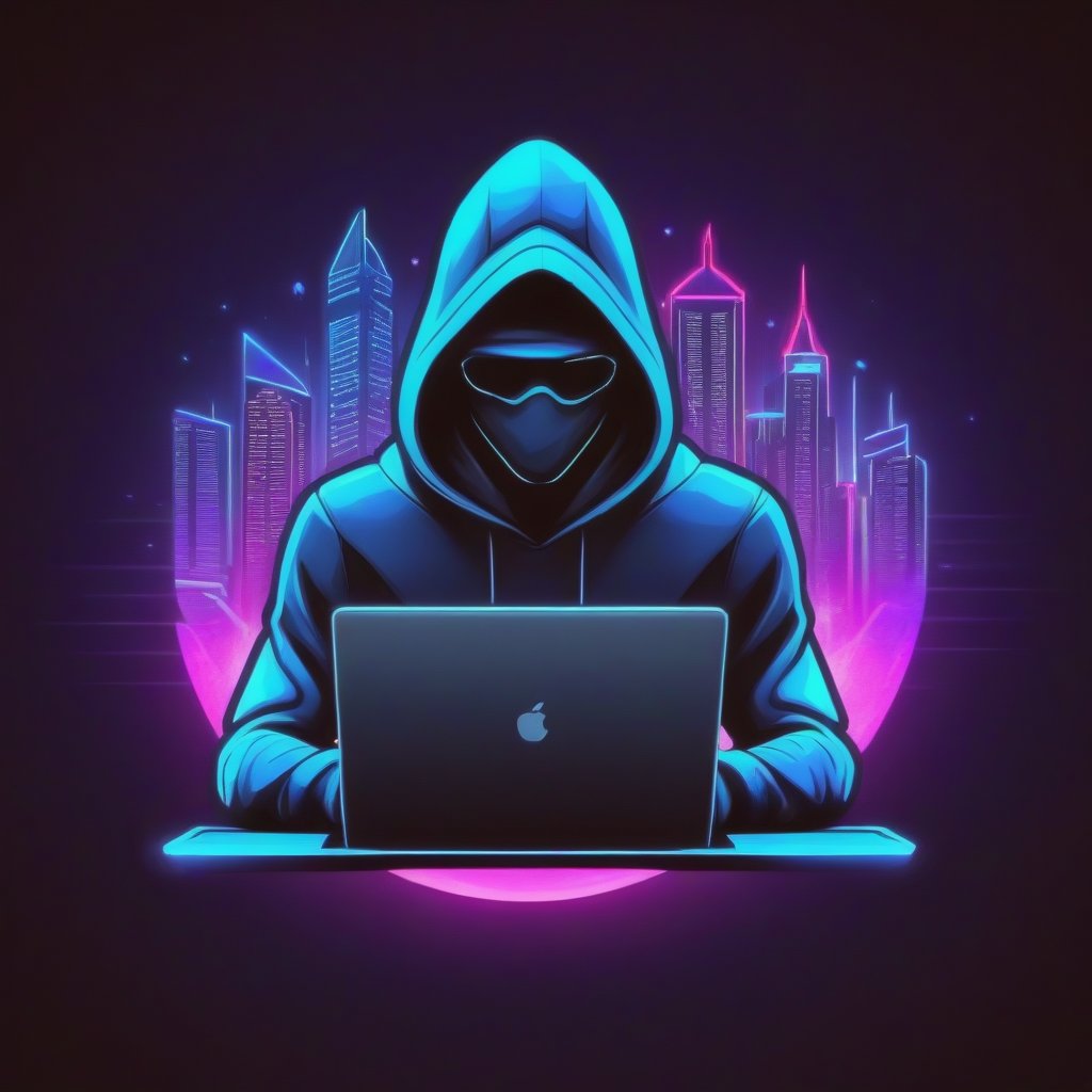 (best quality, 4k, 8k, highres, masterpiece:1.2), ultra-detailed gaming logo design illustration. A man in a hoodie, centered with a confident pose, holding a laptop with a face on it. The background is a vibrant, futuristic cityscape with neon lights. The lighting is dynamic, highlighting the man's silhouette and the laptop's glowing screen. The composition is balanced, with the man's figure and the laptop's face drawing attention.