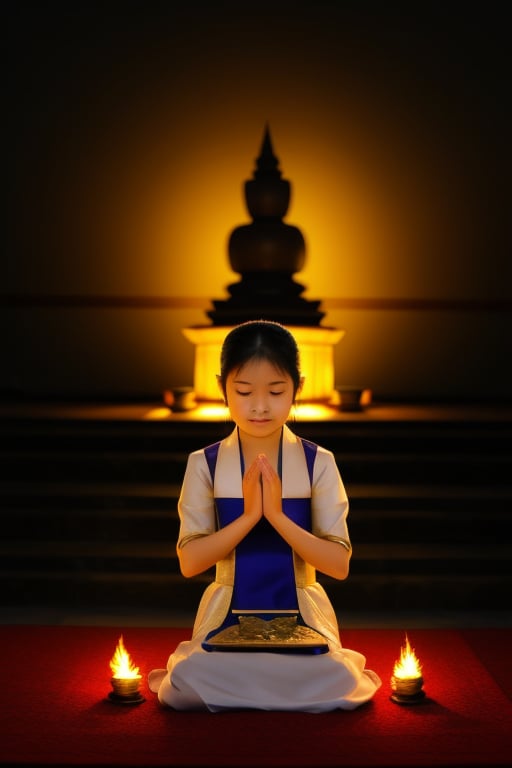 A solo girl in traditional Myanmar dress, sitting in front of a Buddha altar, paying respect. The Buddha altar features a row of oil cups with fire, softly lit by ambient light. The girl is seated with a reverent pose, hands clasped in front, framed in a close-up shot to capture her expression and the details of the altar. The background is slightly blurred to emphasize the main subject.