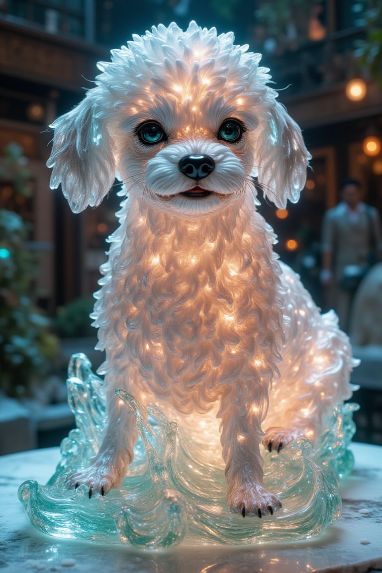 masterpiece, 8k, HDR, best quality, photography, analog style, real life, extremely beautiful, (highly detailed, intricately detailed), A vibrant glass statue of a seal, expertly crafted in lifelike detail. The translucent glass captures the playful elegance of a toy poodle, with its smooth, streamlined wavy body shimmering in shades of whites and browns, intricate etchings along the surface depict the fine textures of the poodle's coat, while the glass itself has a slight iridescent quality, reflecting light in shimmering hues. The poodle's eyes are made of turquoise glass, adding beauty and a sense of curiosity. Its paws and whiskers are carefully detailed, and the statue sits on a base that mimics gentle waves, also made of swirling multi-colored glass. The statue is lit from below, casting dazzling reflections that dance across the surface, giving the sign a lifelike, almost magical presence, as if ready to spring to life at any moment.