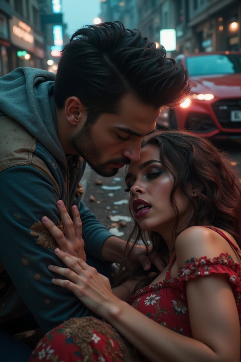 masterpiece, 8k, HDR, 3D, best quality, photography, analog style, real life, extremely beautiful, (highly detailed, intricately detailed), (highly detailed skin), (alluring eyes), a digital image of a man pushing a woman to the floor, (1man), (stubble), short-goatee, spiked_hair, raven black hair, brown eyes, detailed eyes, anxious, remera y jean, (1woman) a very attractive beautiful with long messed curly hair, (half burgundy) and half jewel blue hair, dark smoky eye makeup, deep purple lipstick, parted slightly lips, blue slightly glowing eyes, pale skin, red flowered dress, on the floor, in the distance a red car is approaching at full speed