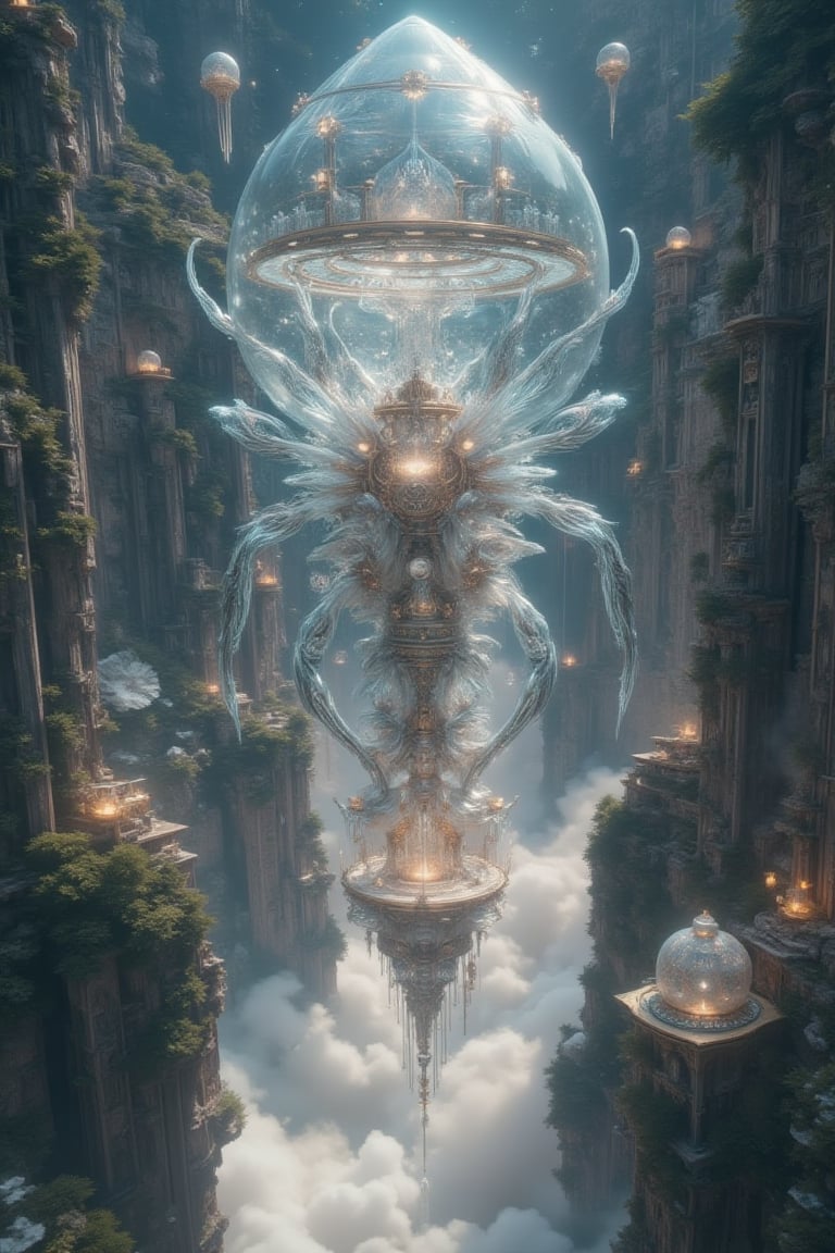 masterpiece, 8k, HDR, 3D, best quality, photography, analog style, real life, extremely beautiful, (highly detailed, intricately detailed), (very detailed skin), (alluring eyes), an image inside a giant crystal a floating city in the sky, a surreal landscape where buildings are made of delicate strands of spider silk and wind chimes made of pure crystal sing in harmony with the whispers of the gods