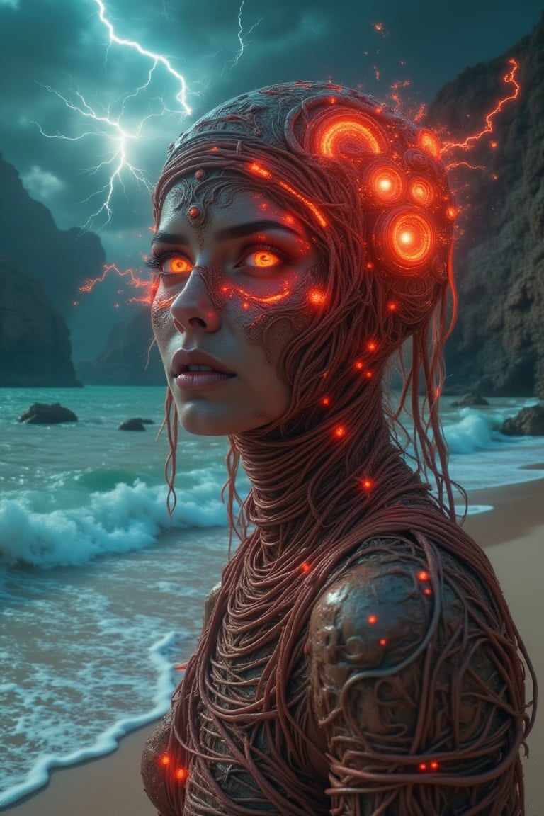 masterpiece, 8k, HDR, 3D, best quality, photography, analog style, real life, extremely beautiful, (highly detailed, intricately detailed), (highly detailed skin), (alluring eyes), an image of (woman), mummy, walking along the beach, a lightning bolt struck, everything lit up red, turquoise sea, gentle waves, sunrise sun