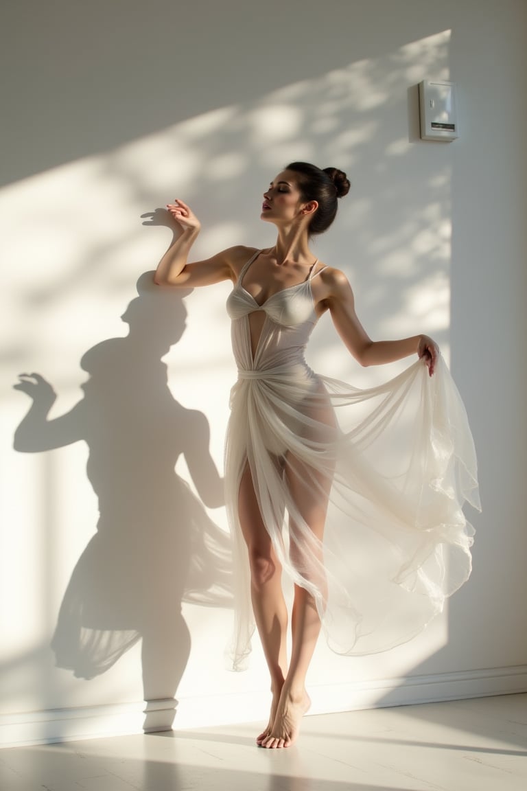 masterpiece, 8k, HDR, 3D, best quality, photography, analog style, real life, extremely beautiful, (highly detailed, intricately detailed), (very detailed skin), (alluring eyes), the image of an elegant woman dancer classical dance in front of a white wall, her illuminated silhouette casts a shadow on the wall in front of her.