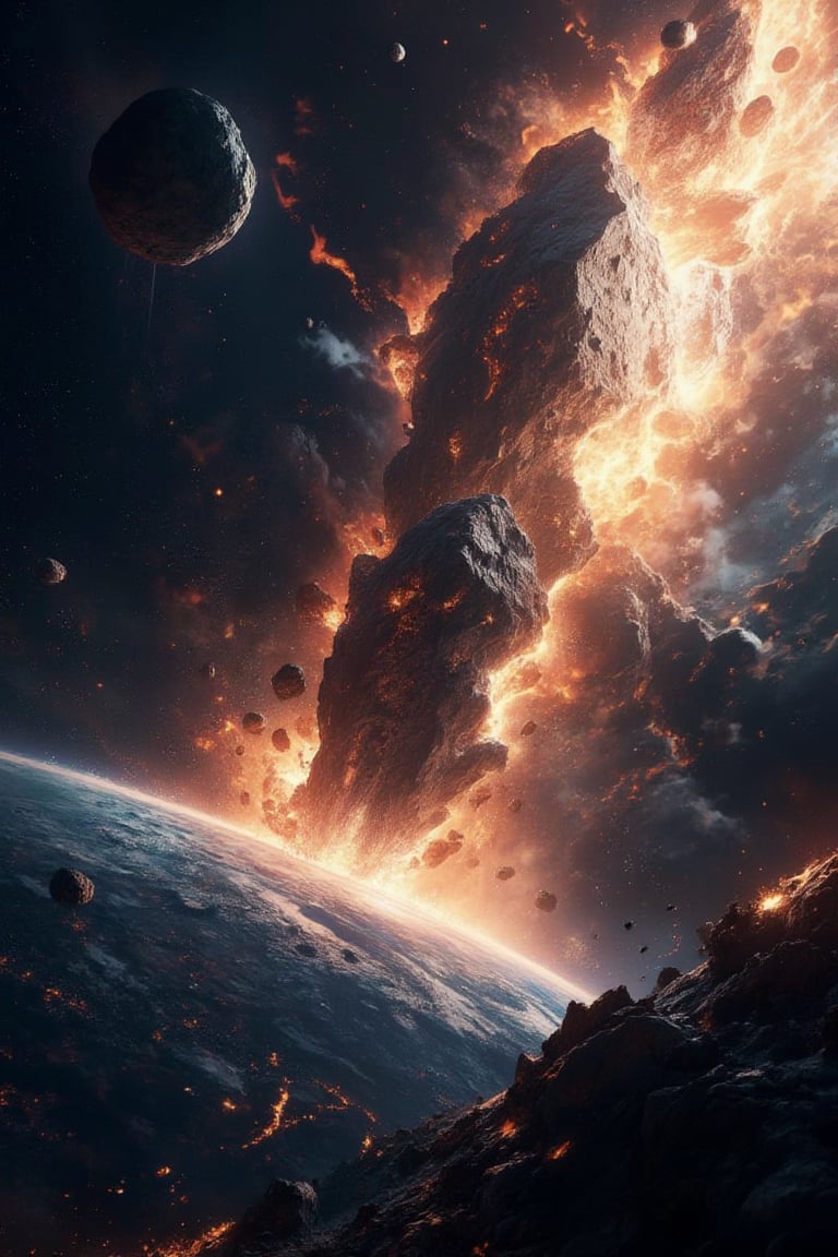 masterpiece, 8k, HDR, 3 D, best quality, photography, analog style, real life, extremely beautiful, (highly detailed, intricately detailed), An illustration showing a large space rock heading towards the earth's surface stock photo, a close up view of a comet crashing over the earth, the space rock is about to land on earth and burn it up, the world is about to experience an earthquake, a volcanic eruption and a huge impact, says the pastor