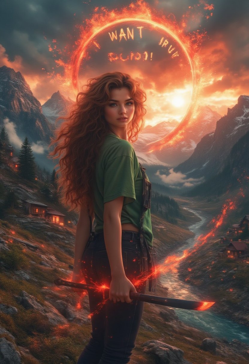 masterpiece, 8k, HDR, 3D, best quality, photography, analog style, real life, extremely beautiful, (highly detailed, intricately detailed), (highly detailed skin), (alluring eyes), an image of (1female), small waist, long curly brown hair, green eyes, makeup, glossy lips, looking at the viewer, wearing black pants and a green t-shirt, she wields a bright red katana, sparks and embers fly around her on the blurry, dimly lit background, anime style, high contrast and saturated colors, a large speech bubble reads: "I WANT TO RUN!", sunrise sun, a sunrise in spring, a mountain with its snowy peak, a river that meanders towards the valley, on one of the banks of the river a thick pine forest, on the other bank of the river a small village with colorful roofs