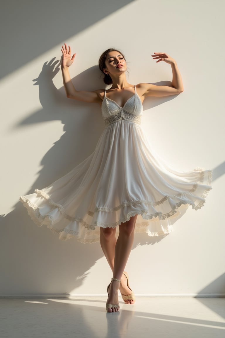 masterpiece, 8k, HDR, 3D, best quality, photography, analog style, real life, extremely beautiful, (highly detailed, intricately detailed), (very detailed skin), (alluring eyes), the image of an elegant woman dancer classical dance in front of a white wall, her illuminated silhouette casts a shadow on the wall in front of her.