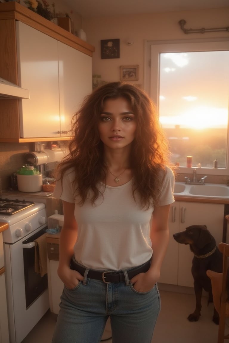 masterpiece, 8k, HDR, best quality, photography, analog style, real life, extremely beautiful, (highly detailed, intricately detailed), (highly detailed skin), (alluring eyes), (1girl), long curly brown hair, green eyes, mascara, glossy lips, standing in a kitchen with a dog standing next to a chair, white t-shirt, pants, indoors, kitchen, jeans, with a dog looking at her from under the cabinet, an oven, panoramic window, sunrise, sun