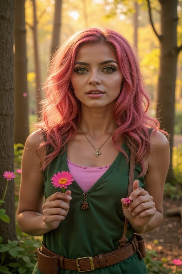 masterpiece, 8k, HDR, best quality, photography, analog style, real life, extremely beautiful, (highly detailed, intricately detailed), (highly detailed skin), (alluring eyes), a painting of a (1 girl), small waist, (pastel pink long curly hair), blue eyes, holding a flower in her hand, a character portrait, official screenshot, hybrid woman, close-up profile picture, portrait of a gnome, featured art, Robin Hood clothing, golden color, forest at sunset