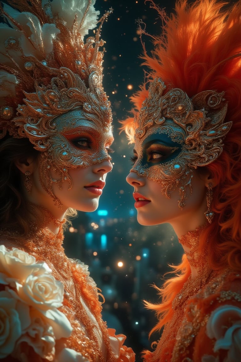 masterpiece, 8k, HDR, 3D, best quality, photograph, analog style, real life, extremely beautiful, (highly detailed, intricately detailed), (highly detailed skin), (alluring eyes), An image from the Rio Carnival, a girl and a boy in carnival costumes, wearing masks embroidered with sequins, facing each other, they looked at the spectator
