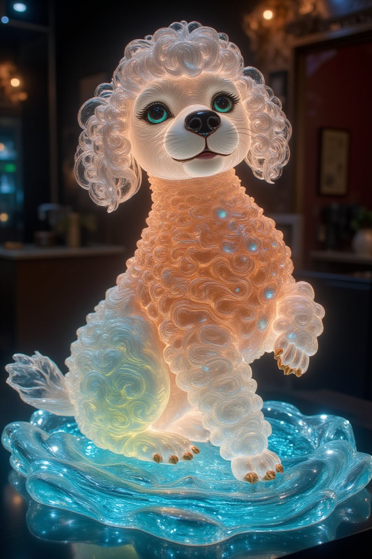 masterpiece, 8k, HDR, best quality, photography, analog style, real life, extremely beautiful, (highly detailed, intricately detailed), A vibrant glass statue of a seal, expertly crafted in lifelike detail. The translucent glass captures the playful elegance of a toy poodle, with its smooth, streamlined wavy body shimmering in shades of whites and browns, intricate etchings along the surface depict the fine textures of the poodle's coat, while the glass itself has a slight iridescent quality, reflecting light in shimmering hues. The poodle's eyes are made of turquoise glass, adding beauty and a sense of curiosity. Its paws and whiskers are carefully detailed, and the statue sits on a base that mimics gentle waves, also made of swirling multi-colored glass. The statue is lit from below, casting dazzling reflections that dance across the surface, giving the sign a lifelike, almost magical presence, as if ready to spring to life at any moment.